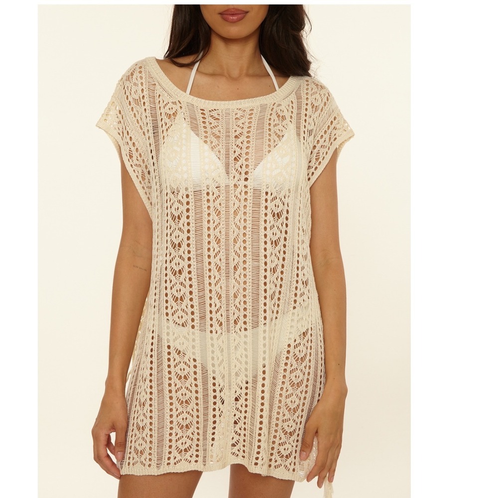 BECCA Boho Bliss Tunic Cream Swim Cover Up‎ Dress Women's Size Med-Large